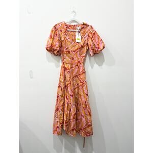 NWT Gibson Latimer Floral Puff Sleeve A-Line Midi Dress Orange Pink Womens S